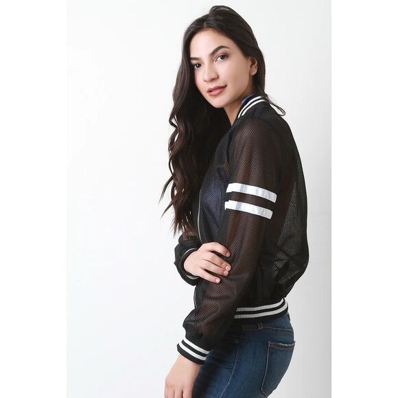 Ashley Stewart Black Mesh Bomber Jacket L/XL White Arm Stripe EUC - Picture 6 of 6